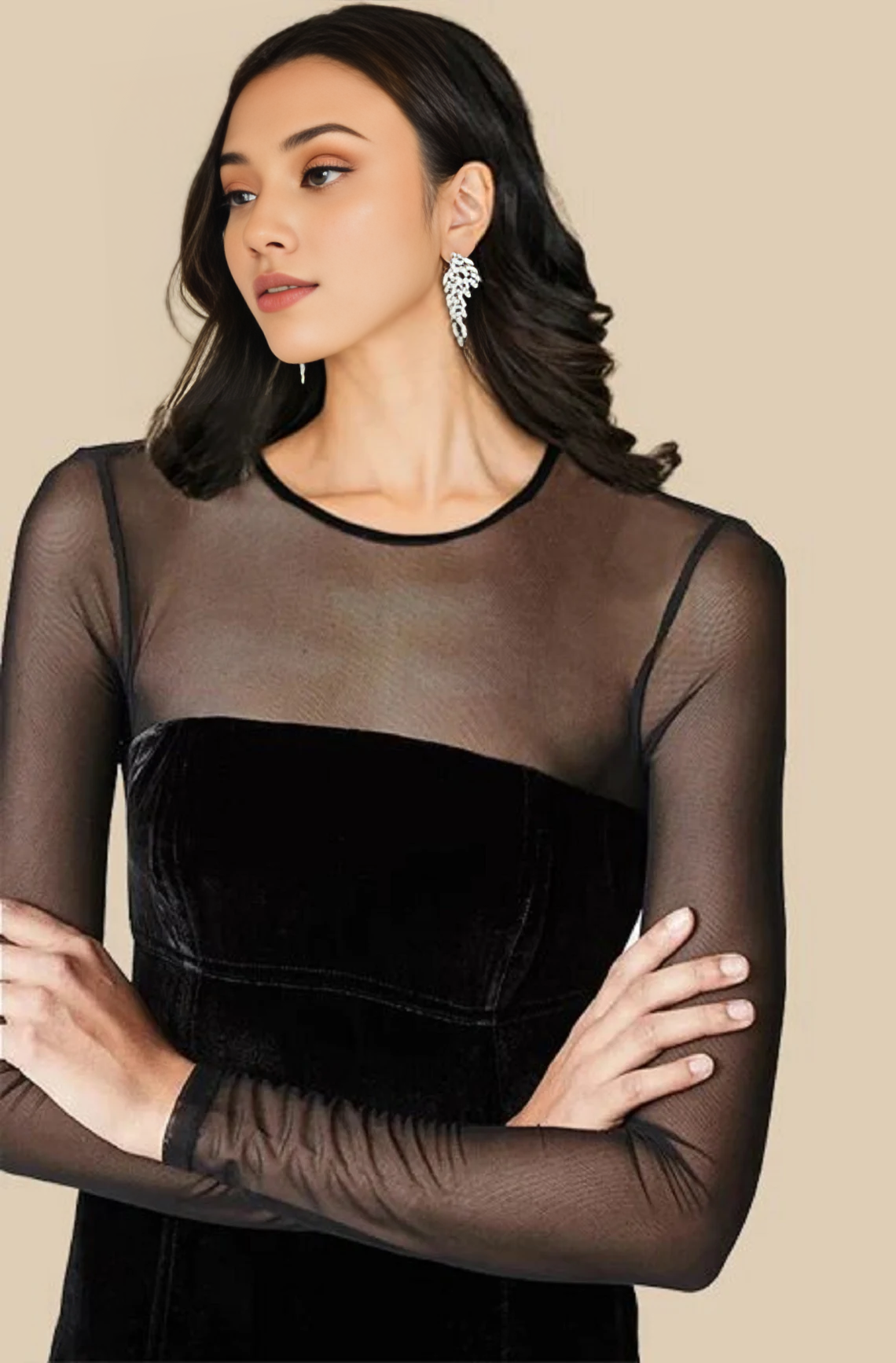 Robe en velours noir, longueur au sol, col rond, manches longues, robe de demoiselle d'honneur, robe de bal avec fente